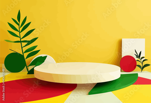 Modern Art Tableau with Abstract Plant Designs on Yellow Wall