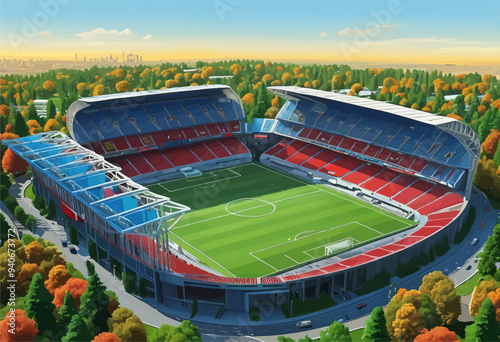 Modern Stadium with Red and Blue Seating