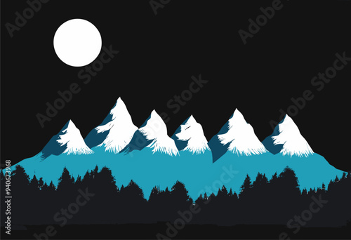 Moonlit Mountain Range with Tree Silhouettes