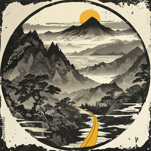 Mountainous Landscape with Yellow Pathway and Sunrise