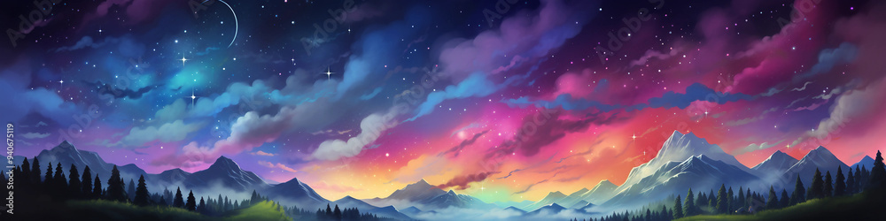 Naklejka premium Rainbow colored landscape filled with stars