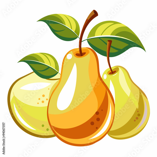 Three Yellow Pears with Green Leaves