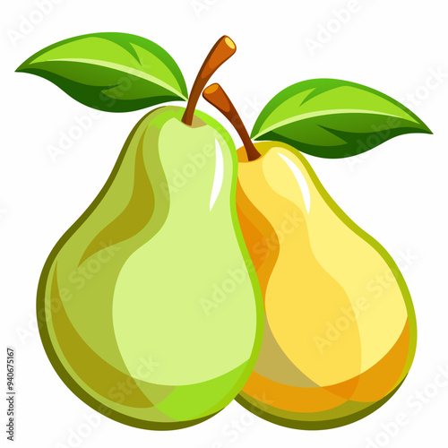 Two Pears with Green Leaves and Brown Stems