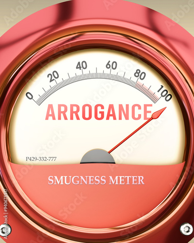 Arrogance and Smugness Meter that is hitting a full scale, showing a very high level of arrogance, overload of it, too much of it. Maximum value, off the charts.  ,3d illustration photo