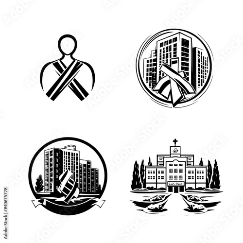 black and white vector illustration of icons around world cancer day