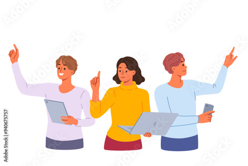 Team of freelancers with gadgets, working together on complex project, stretching out hands to virtual screens. Freelancers use modern technologies to fulfill orders from online clients