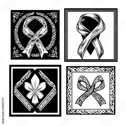 black and white vector illustration of icons around world cancer day
