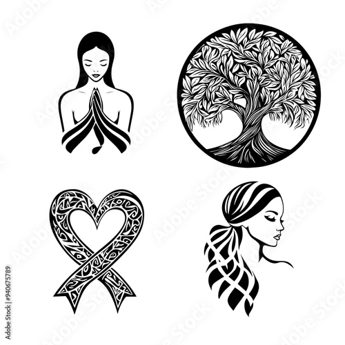 black and white vector illustration of icons around world cancer day