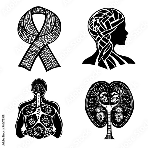black and white vector illustration of icons around world cancer day