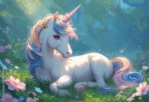 Peaceful Unicorn Resting in a Field of Flowers