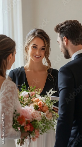 A wedding planner discussing details with a couple, showcasing a bright and airy atmosphere with a solid color backdrop