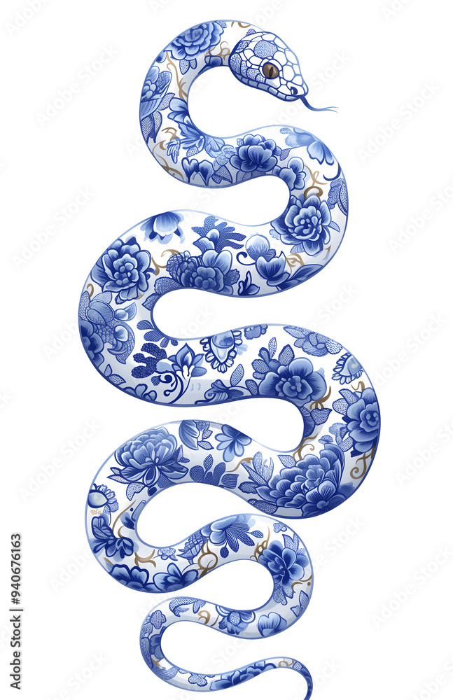 Fototapeta premium Blue porcelain style snake with floral skin pattern, blue and white flower ornament. Chinese New Year 2025 zodiac element isolated