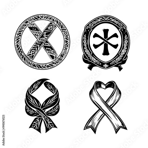 black and white vector illustration of icons around world cancer day