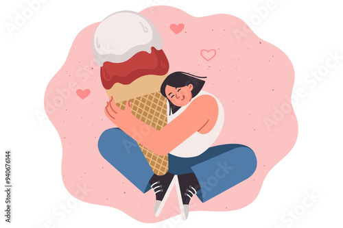 Woman hugs large ice cream made of creamy fruit filling in waffle cone and smiles