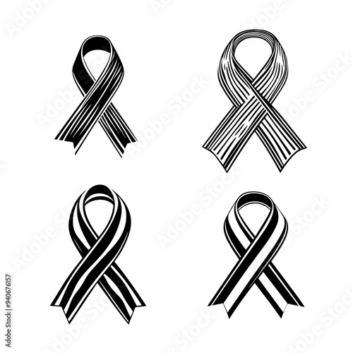 black and white vector illustration of icons around world cancer day