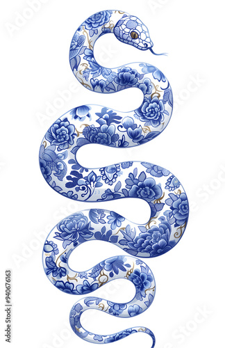 Blue porcelain style snake with floral skin pattern, blue and white flower ornament. Chinese New Year 2025 zodiac element isolated