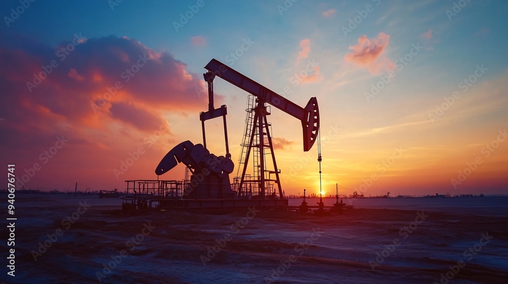 A wellhead pumper operating in an oil field during sunset, showcasing the machinery and the surrounding landscape A wellhead pumper operating in an oil field during sunset, showcasing the machinery and the surrounding landscape