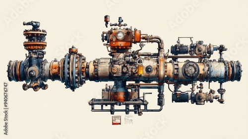 A close-up of a wellhead pumper with intricate machinery details, set against a light solid color background photo