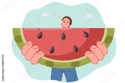 Piece of watermelon in hands of hungry man eating sweet fruit to quench thirst and relieve hunger