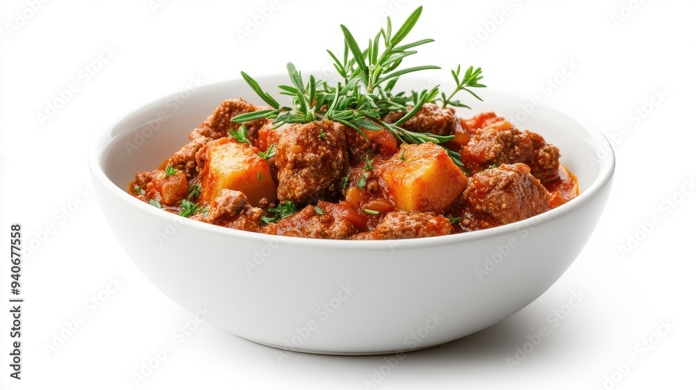 Goulash isolated on a clean white background, highlighting its rich color and hearty texture. Goulash isolated on a clean white background, highlighting its rich color and hearty texture.