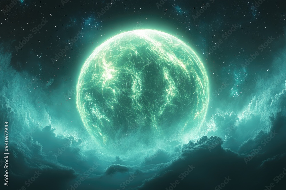 Glowing Green Planet in a Starry Sky with Wispy Clouds Glowing Green Planet in a Starry Sky with Wispy Clouds