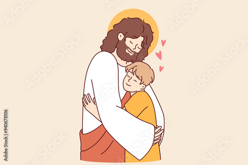 Jesus christ hugs child, demonstrating example of love and care for one neighbor for christian believers. Jesus saves little boy from loneliness and protects from harmful influence of world around him