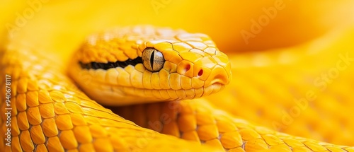  A tight shot of a yellow snake's head featuring a distinct black stripe on its left side