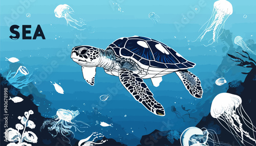 Sea Turtle Swimming in Blue Ocean with Jellyfish and Coral