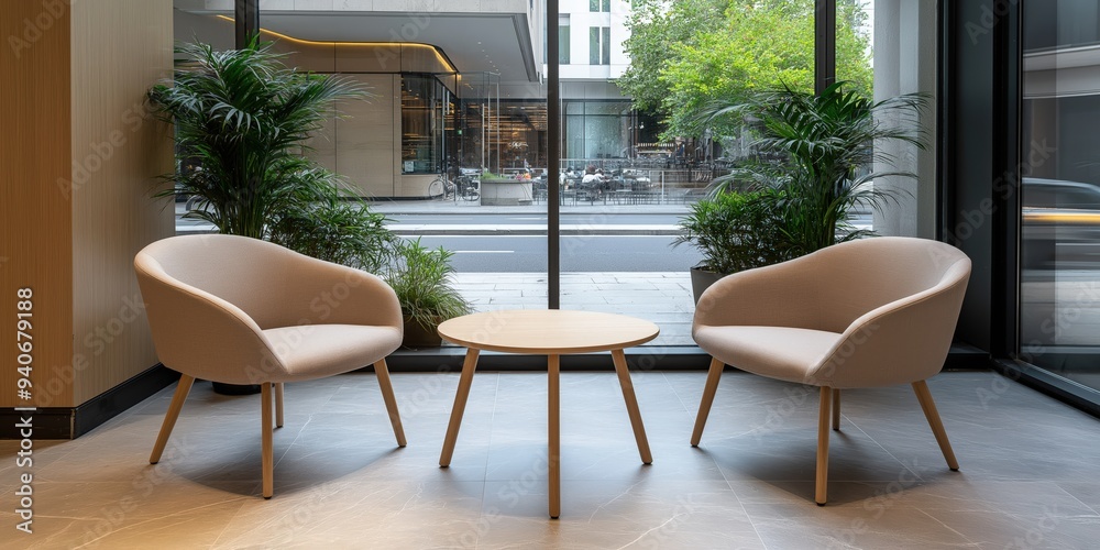 Naklejka premium Modern Minimalist Office Waiting Area with Natural Light and Indoor Plants