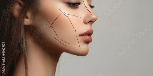 Lines indicating plastic surgery procedures on a female model's face for aesthetic modifications photo