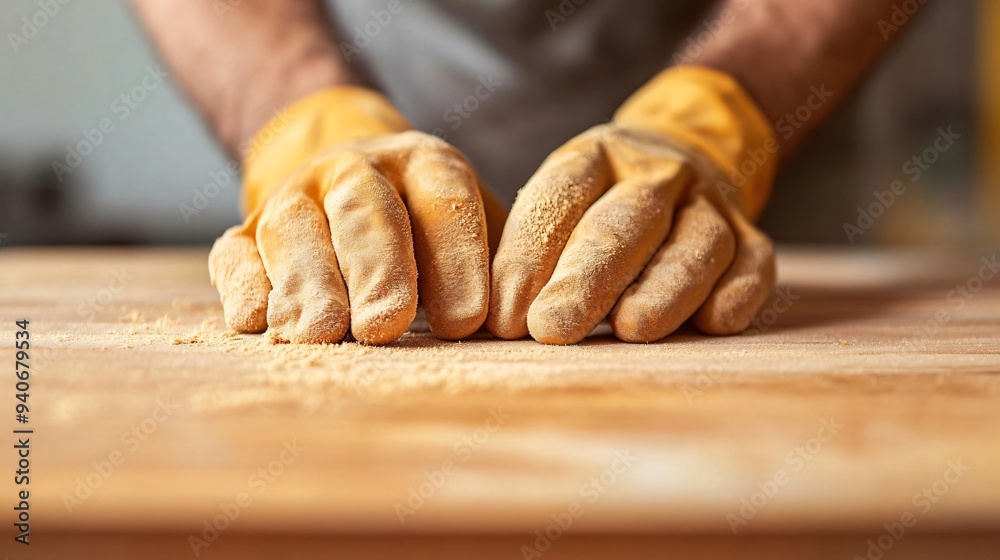 A woodworker focused on sanding a wooden surface, with a light solid color background highlighting the elegance of the wood A woodworker focused on sanding a wooden surface, with a light solid color background highlighting the elegance of the wood