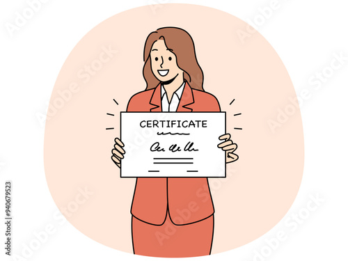 Business woman holds certificate confirming completion of professional courses and additional education. Smiling girl rejoices at receiving certificate after passing business training