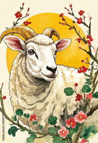 Sheep with Horns and Flowers