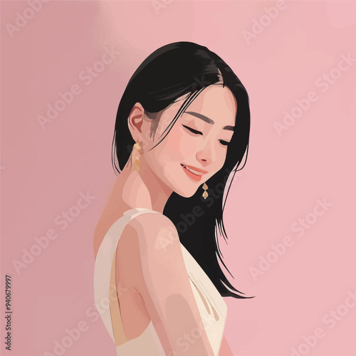 Smiling Woman with Long Hair and Earrings, Pink Background