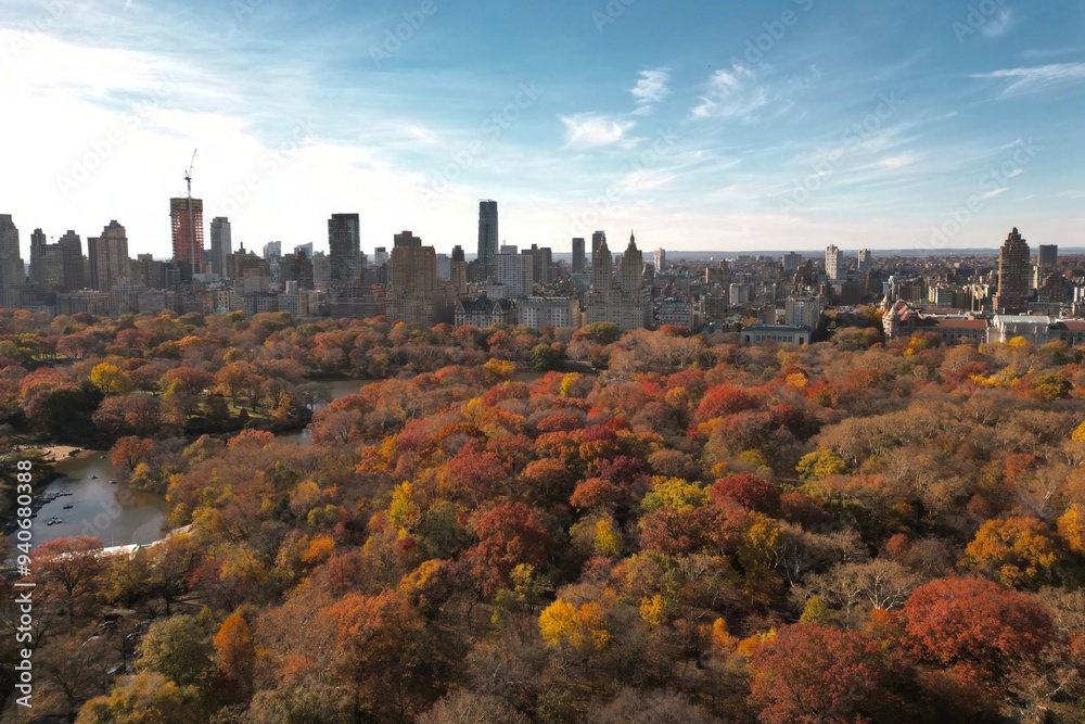 Naklejka premium New York City Central Park. Top view with Autumn tree. Autumn Central Park view from drone. Aerial of NY City, panorama in Autumn. Autumn in Central Park. Central Park Fall Colors of foliage.