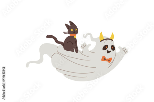 Vector illustration of a black cat on a cute ghost with horns and a bow tie.