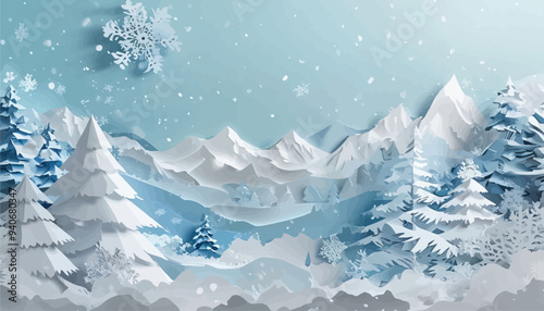 Snowy Mountain Scene with Pine Trees and Snowflakes