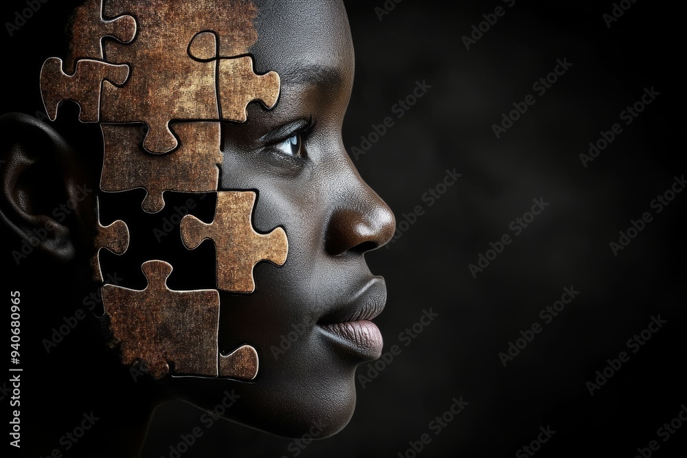 Close up portrait of a woman with dark puzzle pieces overlaying her ...
