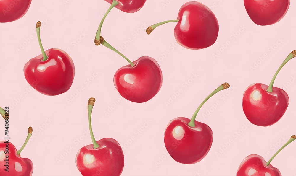 seamless pattern with a pink background featuring illustrations of red cherries, Generative AI seamless pattern with a pink background featuring illustrations of red cherries, Generative AI