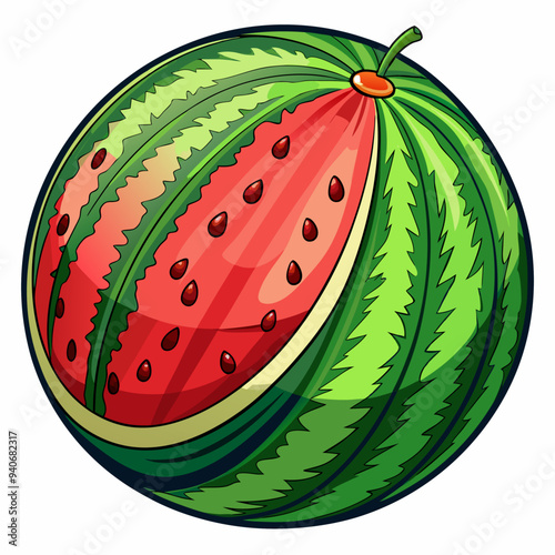 A Green Watermelon With Half Opened Flesh Showing Red Pulp And Black Seeds