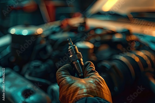 Hand of the auto mechanic holding the old spark plug on blurred engine car on background.