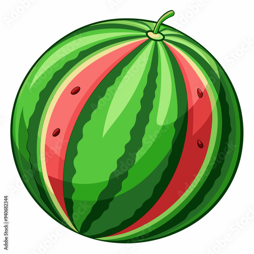 A Whole Green Watermelon with Red Stripes and Seeds