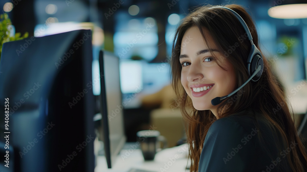 Portrait of a cheerful brunette customer service executive, consulting corporate clients using a computer, smiling while on a call in a busy office environment