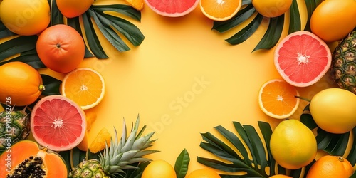 Fototapeta Naklejka Na Ścianę i Meble -  A vibrant arrangement of tropical fruits and leaves on a yellow background.