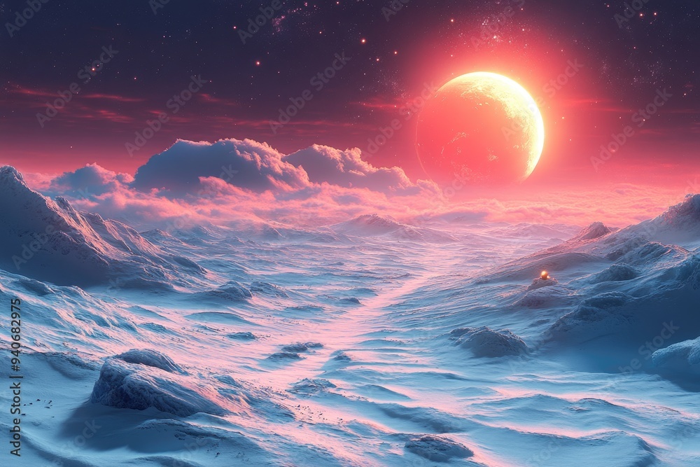 A Red Moon Rising Over a Snowy Mountain Range