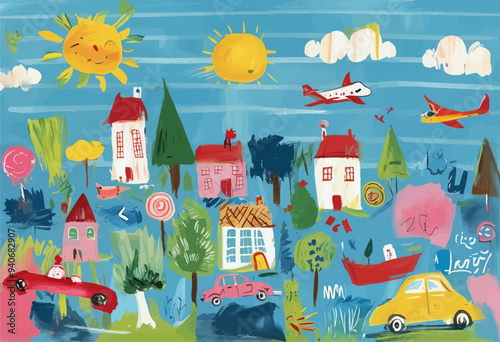 Vibrant and colorful children's illustration of a village scene with houses, cars, airplanes, and boats