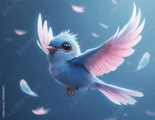 Vibrant Blue Bird with Pink Feathers and Wings, Soaring in a Dreamy Blue Sky with Flying Feathers