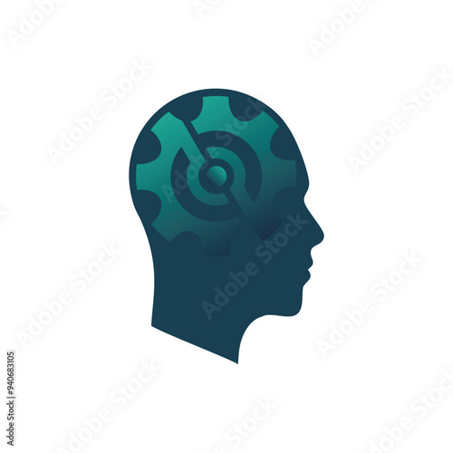 Head With Cog Wheel In Brain, Brainstorm Thinking Intelligence concept. Imagination contemplation creativity abstract 3d logo vector illustration