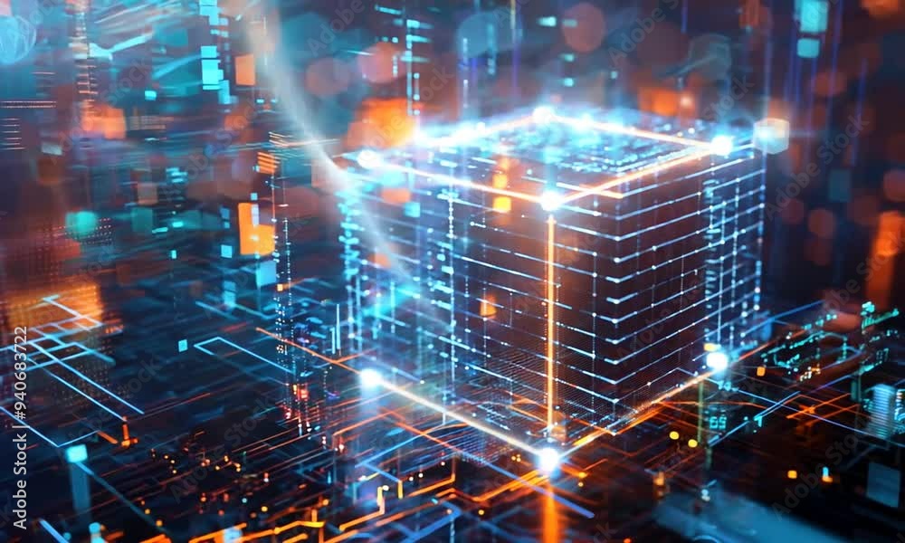 Abstract glowing digital cube with circuit board grid and bokeh lights Abstract glowing digital cube with circuit board grid and bokeh lights