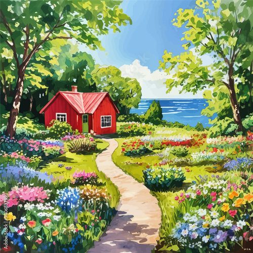Vibrant Garden Path Leading to Red Cottage by the Sea